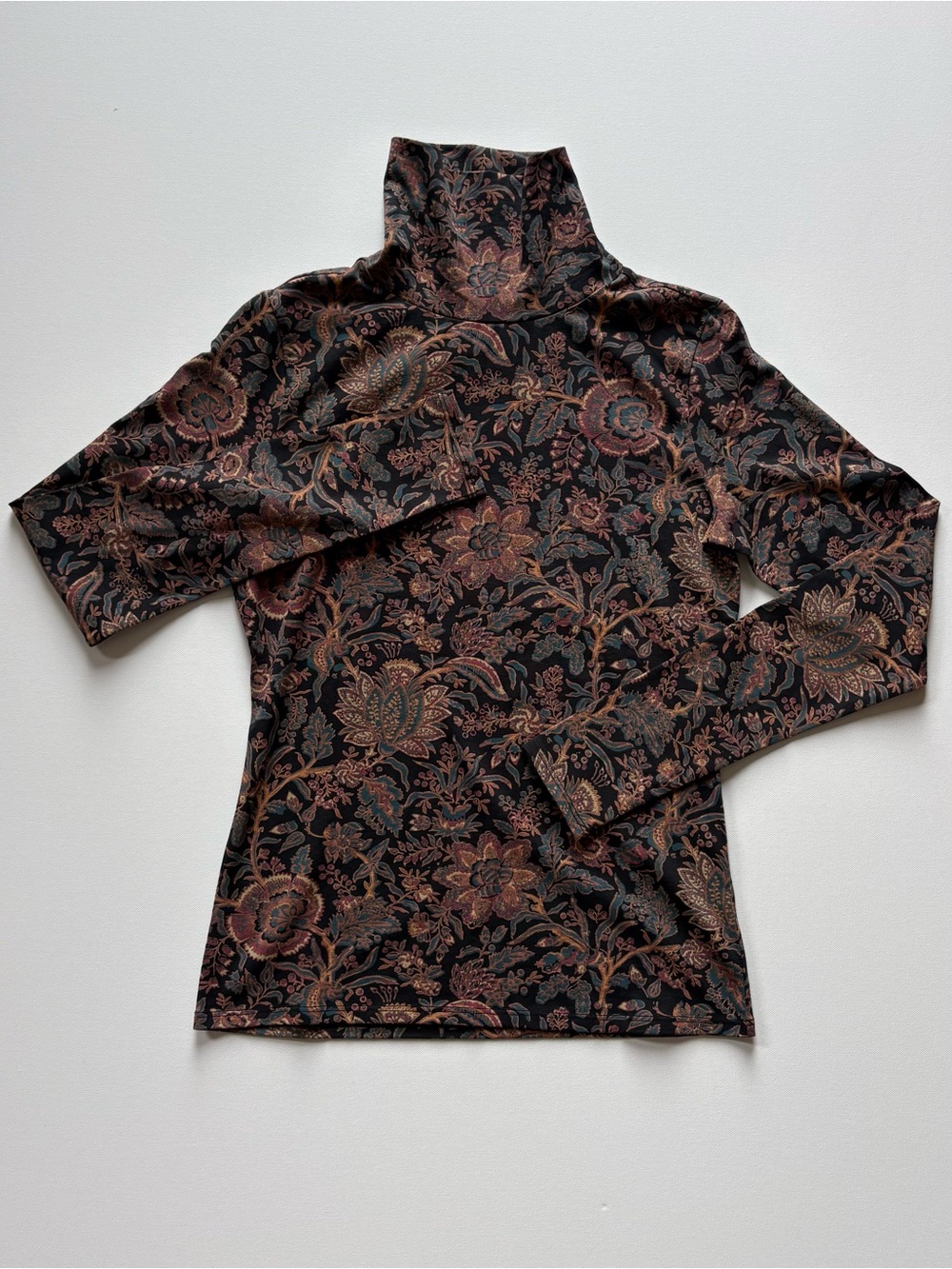 Peruvian Connection Pima Cotton Turtleneck Black Chintz Womens Small Floral Boho